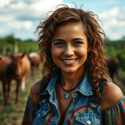 A captivating 37-year-old woman with burnt, textured hair, embodying a Brazilian country appearance