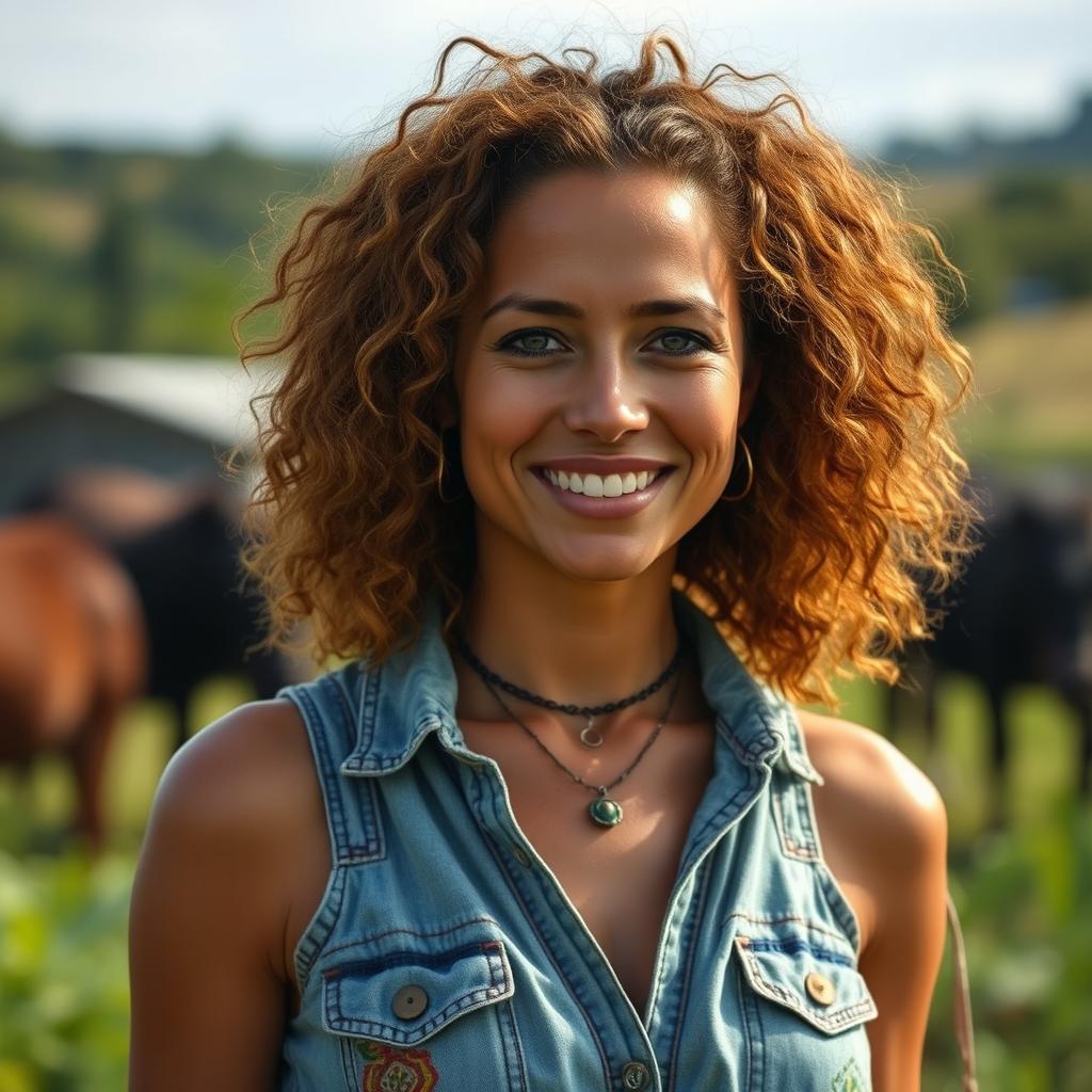 A captivating 37-year-old woman with burnt, textured hair, embodying a Brazilian country appearance