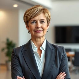 A 42-year-old lady with a short haircut, wearing a tailored and strict business suit that radiates understated elegance