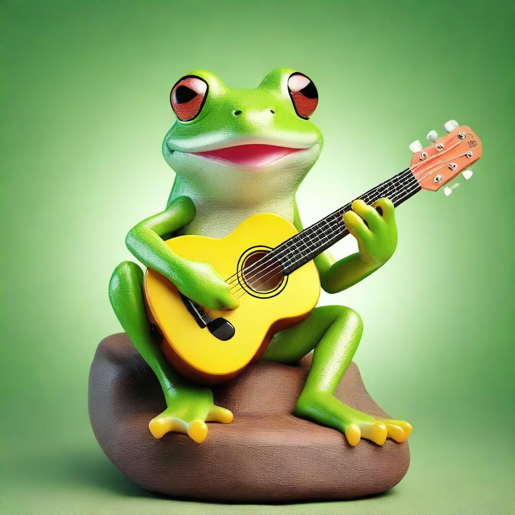 An ultra-realistic, glowing with happiness, green tree frog comfortably sitting and playing a guitar with delight.