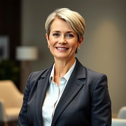 A 42-year-old lady with a short haircut, wearing a tailored and strict business suit that radiates understated elegance