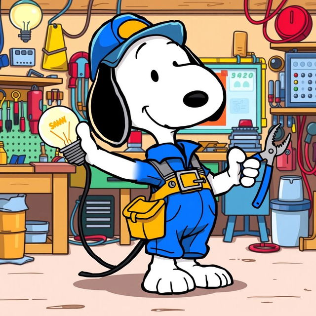 A cartoon-style illustration of Snoopy as an electrician, dressed in a blue jumpsuit, with a tool belt around his waist