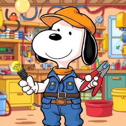 A cartoon-style illustration of Snoopy as an electrician, dressed in a blue jumpsuit, with a tool belt around his waist