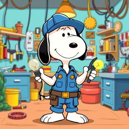 A cartoon-style illustration of Snoopy as an electrician, dressed in a blue jumpsuit, with a tool belt around his waist