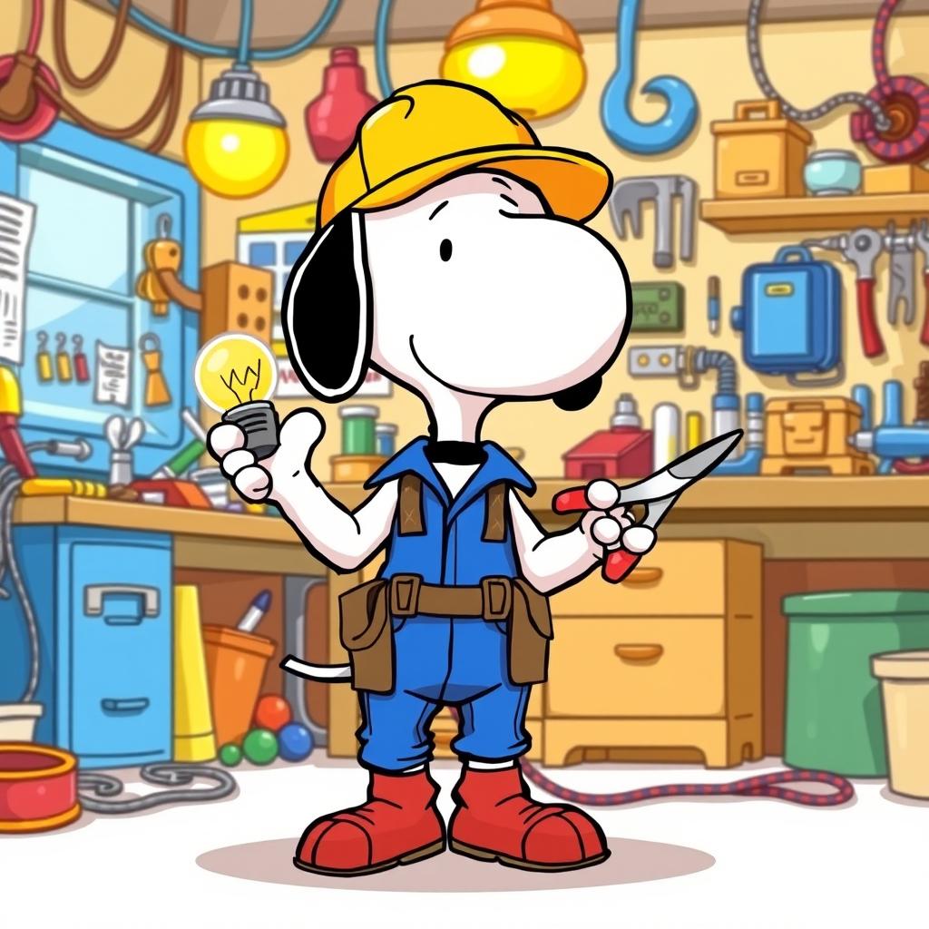 A cartoon-style illustration of Snoopy as an electrician, dressed in a blue jumpsuit, with a tool belt around his waist