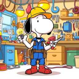 A cartoon-style illustration of Snoopy as an electrician, dressed in a blue jumpsuit, with a tool belt around his waist