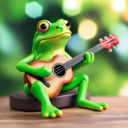 An ultra-realistic, glowing with happiness, green tree frog comfortably sitting and playing a guitar with delight.