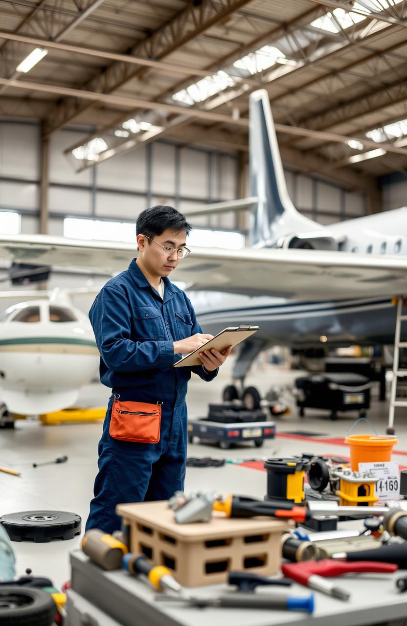 A professional aircraft maintenance engineer working diligently in a hangar, surrounded by various tools and aircraft parts