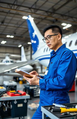 A professional aircraft maintenance engineer working diligently in a hangar, surrounded by various tools and aircraft parts