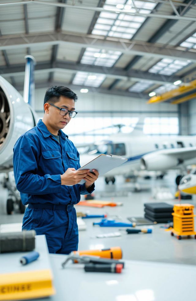 A professional aircraft maintenance engineer working diligently in a hangar, surrounded by various tools and aircraft parts