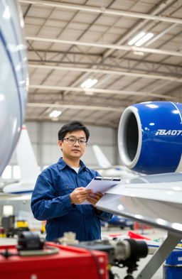 A professional aircraft maintenance engineer working diligently in a hangar, surrounded by various tools and aircraft parts