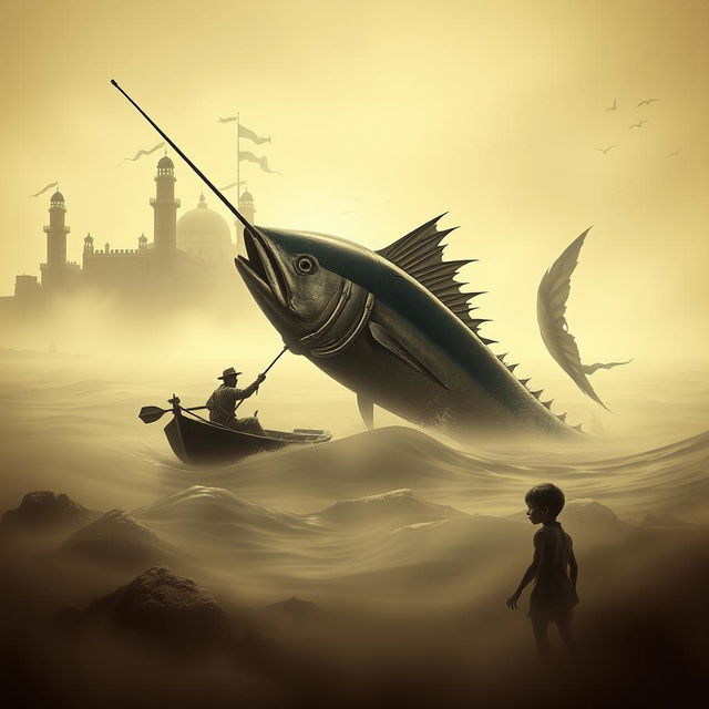 An old fisherman in a flimsy boat bravely spearing the heart of a huge marlin, set against a distant view of an ancient kingdom with crumbling towers and banners fluttering in the wind