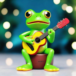 An ultra-realistic, glowing with happiness, green tree frog comfortably sitting and playing a guitar with delight.