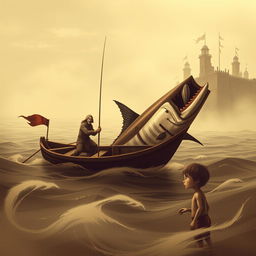 An old fisherman in a flimsy boat bravely spearing the heart of a huge marlin, set against a distant view of an ancient kingdom with crumbling towers and banners fluttering in the wind