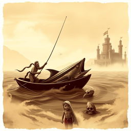 An old fisherman in a flimsy boat bravely spearing the heart of a huge marlin, set against a distant view of an ancient kingdom with crumbling towers and banners fluttering in the wind