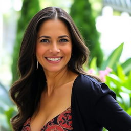 A 40-year-old Colombian woman with dark hair, dressed in stylish and elegant clothing