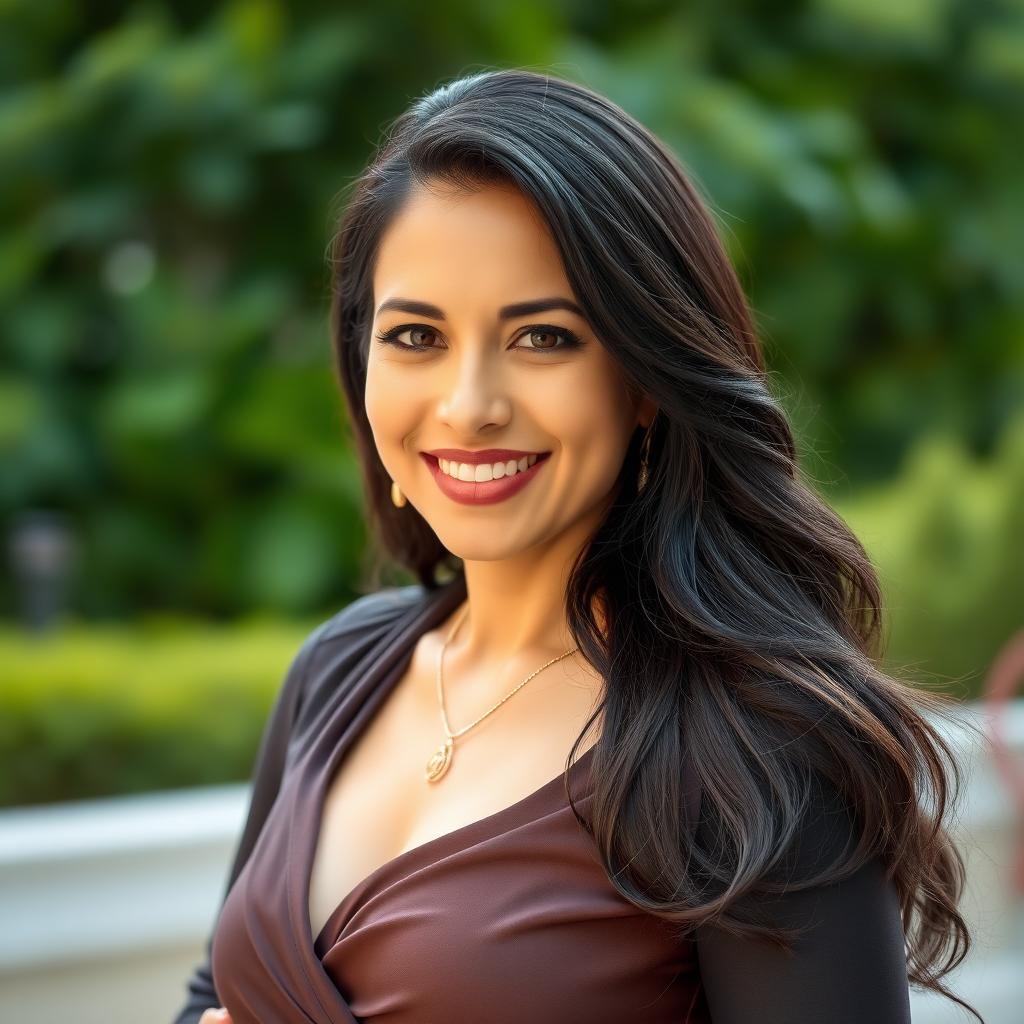 A 40-year-old Colombian woman with dark hair, dressed in stylish and elegant clothing