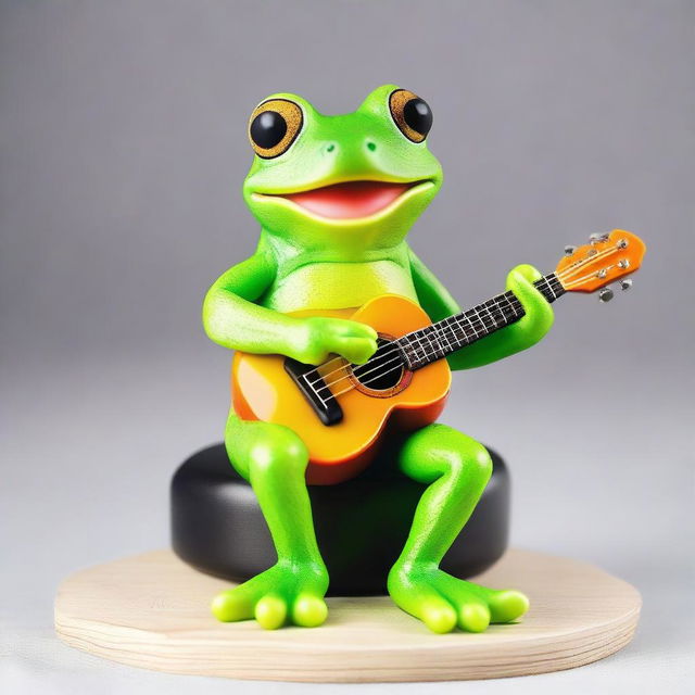 An ultra-realistic, glowing with happiness, green tree frog comfortably sitting and playing a guitar with delight.