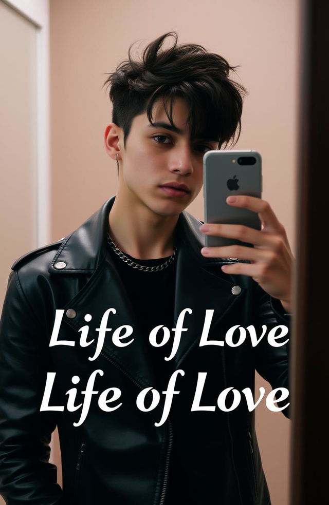 A stylish person wearing a black leather jacket, taking a selfie in front of a mirror