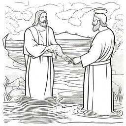 Jesus being baptized in the Jordan River by John the Baptist as a line-drawn colouring book page.