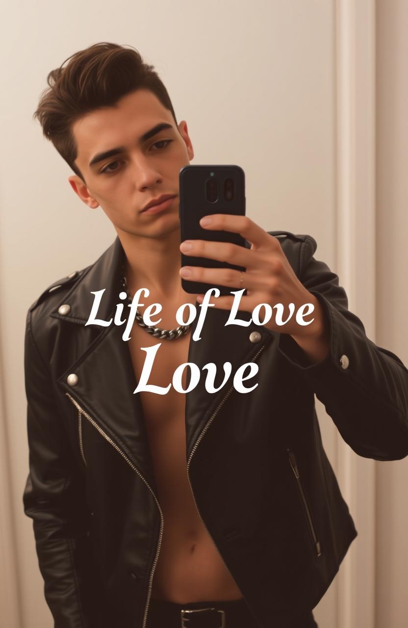 A stylish person wearing a black leather jacket, taking a selfie in front of a mirror