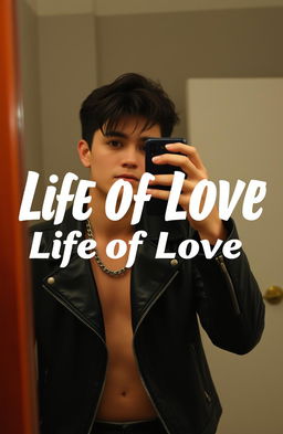 A stylish person wearing a black leather jacket, taking a selfie in front of a mirror
