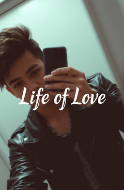 A stylish person wearing a black leather jacket, taking a selfie in front of a mirror