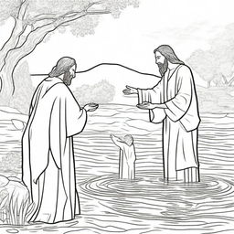 Jesus being baptized in the Jordan River by John the Baptist as a line-drawn colouring book page.