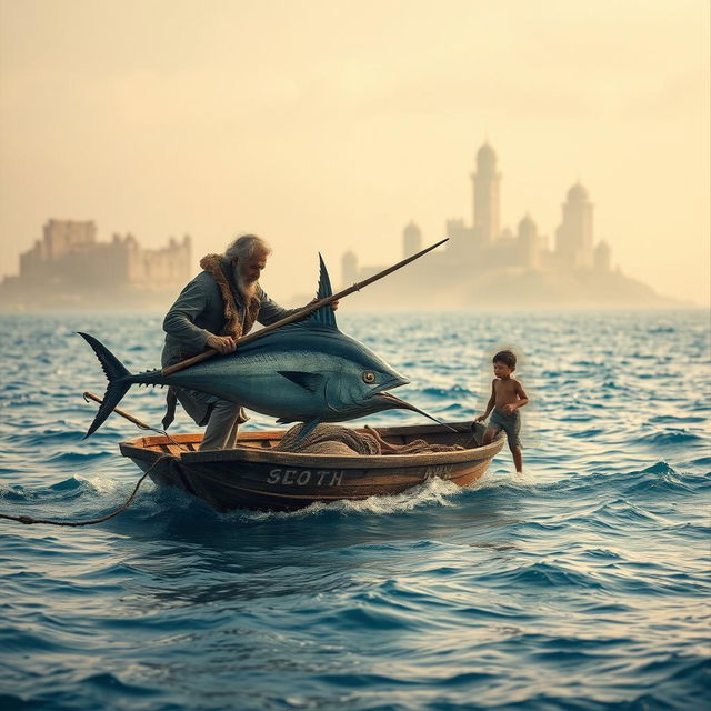 An old fisherman on a flimsy wooden boat, with a rugged appearance, fiercely spearing the heart of a massive marlin, showcasing the struggle of man vs