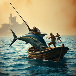 An old fisherman on a flimsy wooden boat, with a rugged appearance, fiercely spearing the heart of a massive marlin, showcasing the struggle of man vs