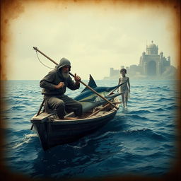 An old fisherman on a flimsy wooden boat, with a rugged appearance, fiercely spearing the heart of a massive marlin, showcasing the struggle of man vs