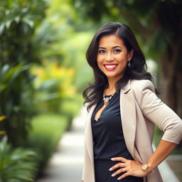 A 40-year-old Colombian woman with dark hair, dressed in stylish and elegant clothing