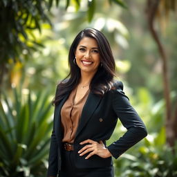 A 40-year-old Colombian woman with dark hair, dressed in stylish and elegant clothing