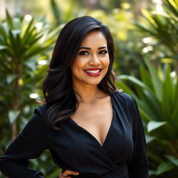 A 40-year-old Colombian woman with dark hair, dressed in stylish and elegant clothing
