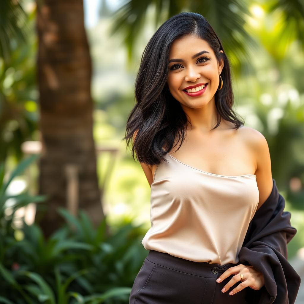 A 40-year-old Colombian woman with dark hair, dressed in stylish and elegant clothing