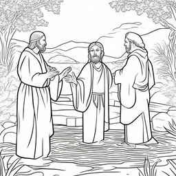 Jesus being baptized in the Jordan River by John the Baptist as a line-drawn colouring book page.