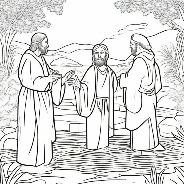 Jesus being baptized in the Jordan River by John the Baptist as a line-drawn colouring book page.