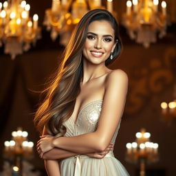 A beautiful lady with long flowing hair, wearing an elegant evening gown that shimmers in the light