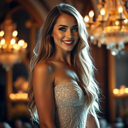 A beautiful lady with long flowing hair, wearing an elegant evening gown that shimmers in the light