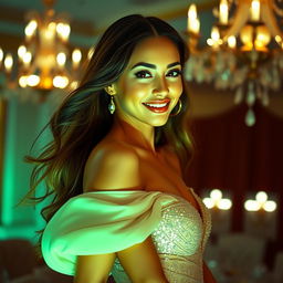A beautiful lady with long flowing hair, wearing an elegant evening gown that shimmers in the light