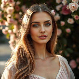 A 38-year-old lady with long hair and refined facial features, embodying a romantic style