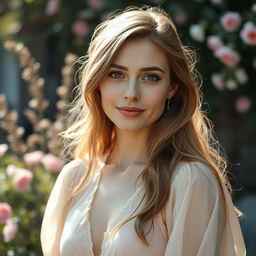 A 38-year-old lady with long hair and refined facial features, embodying a romantic style