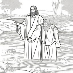 Jesus being baptized in the Jordan River by John the Baptist as a line-drawn colouring book page.