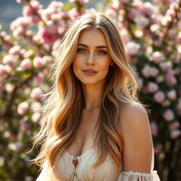 A 38-year-old lady with long hair and refined facial features, embodying a romantic style