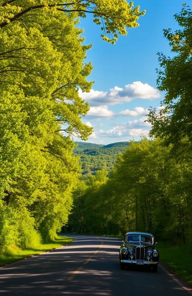 A scenic view of Sugar Hill Road, surrounded by lush greenery, winding gently through a picturesque landscape