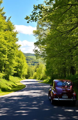 A scenic view of Sugar Hill Road, surrounded by lush greenery, winding gently through a picturesque landscape