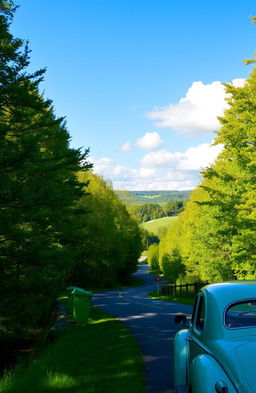 A scenic view of Sugar Hill Road, surrounded by lush greenery, winding gently through a picturesque landscape
