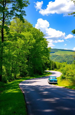 A scenic view of Sugar Hill Road, surrounded by lush greenery, winding gently through a picturesque landscape