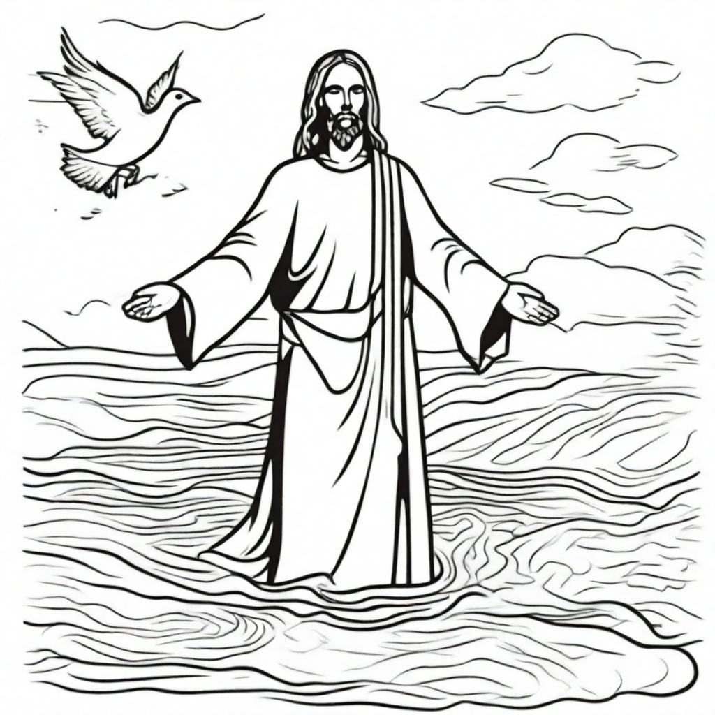 A line-drawn colouring book page of Jesus emerging from baptismal waters, a dove flying overhead symbolizing the Holy Spirit.