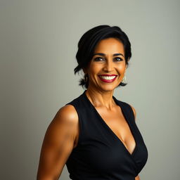 A 45-year-old Colombian woman with dark hair and smooth, tanned skin, dressed in stylish and sophisticated clothing